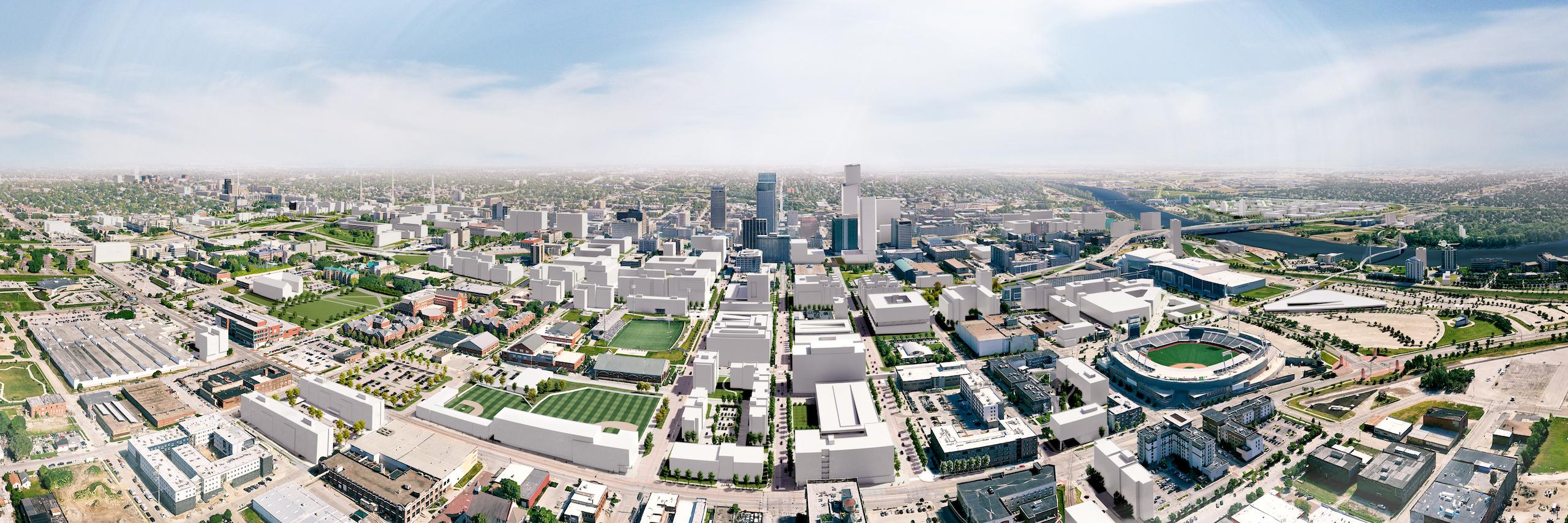 Photo-real rendering of the future Omaha downtown, including prospective development projects.